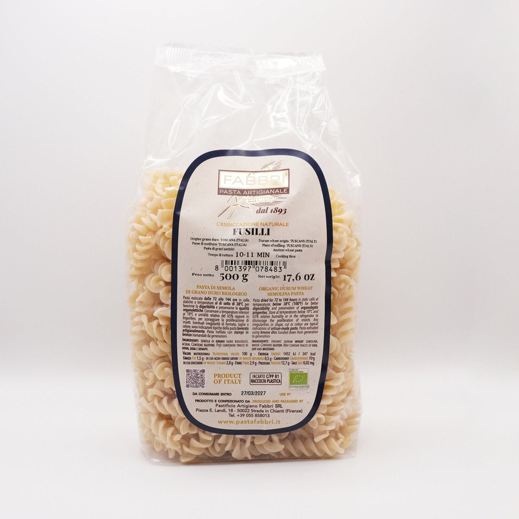 Italian Organic Artisanal Fusilli Fabbri Pasta Package 500g 