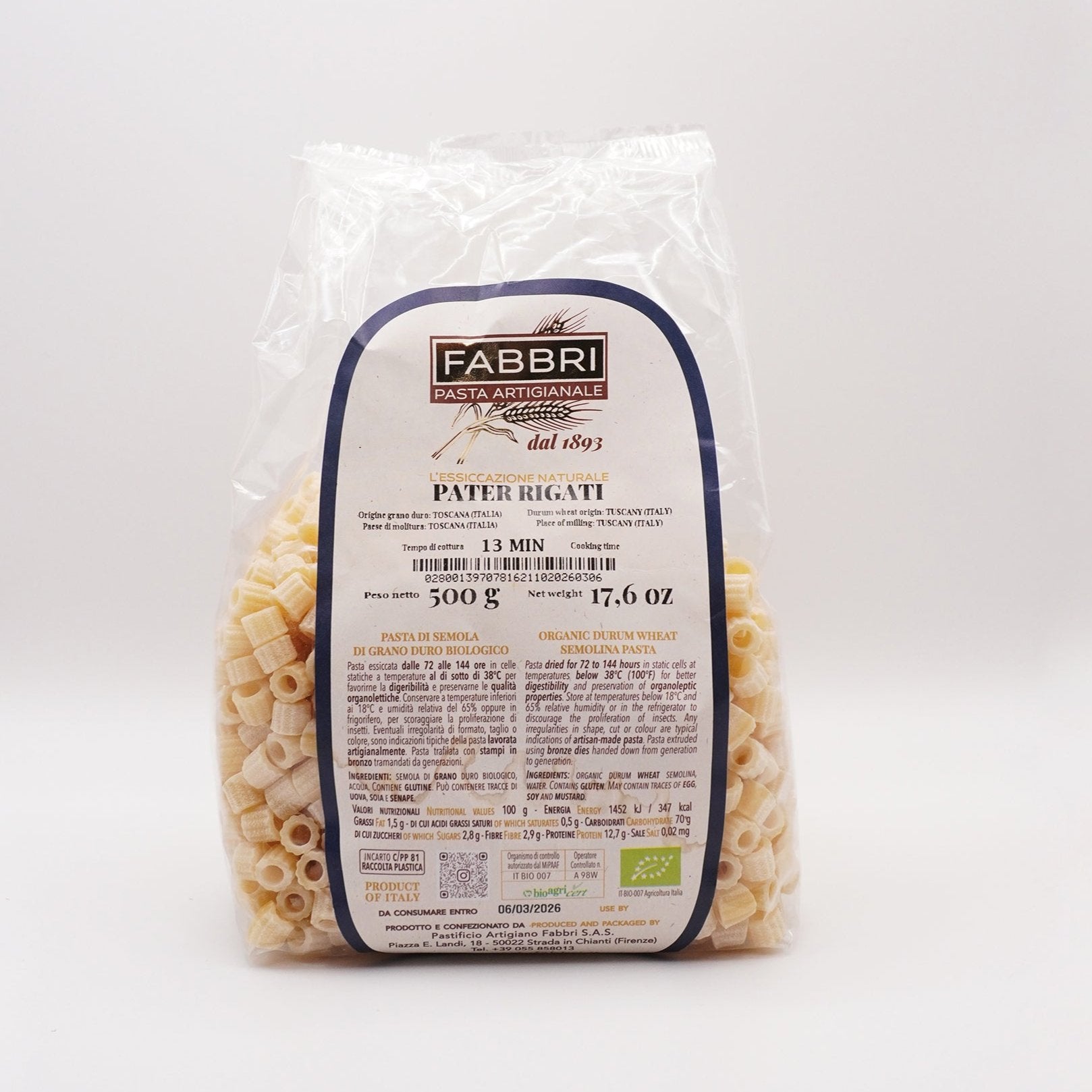 Italian Organic Artisanal Pater Rigati Fabbri Pasta Package 500g 