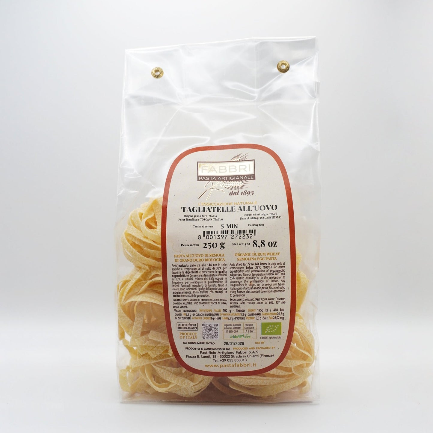 Italian Organic Artisanal Tagliatelle Eggs Fabbri Pasta Package 250g 